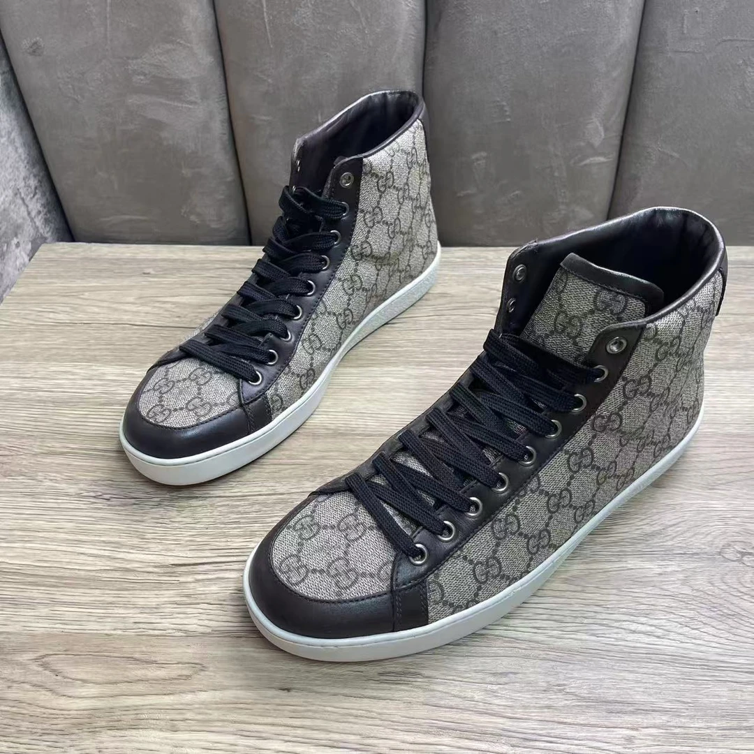 95新 GUCCI/古驰 乌木色帆布双G老花时尚百搭高帮板鞋 41码/捡漏