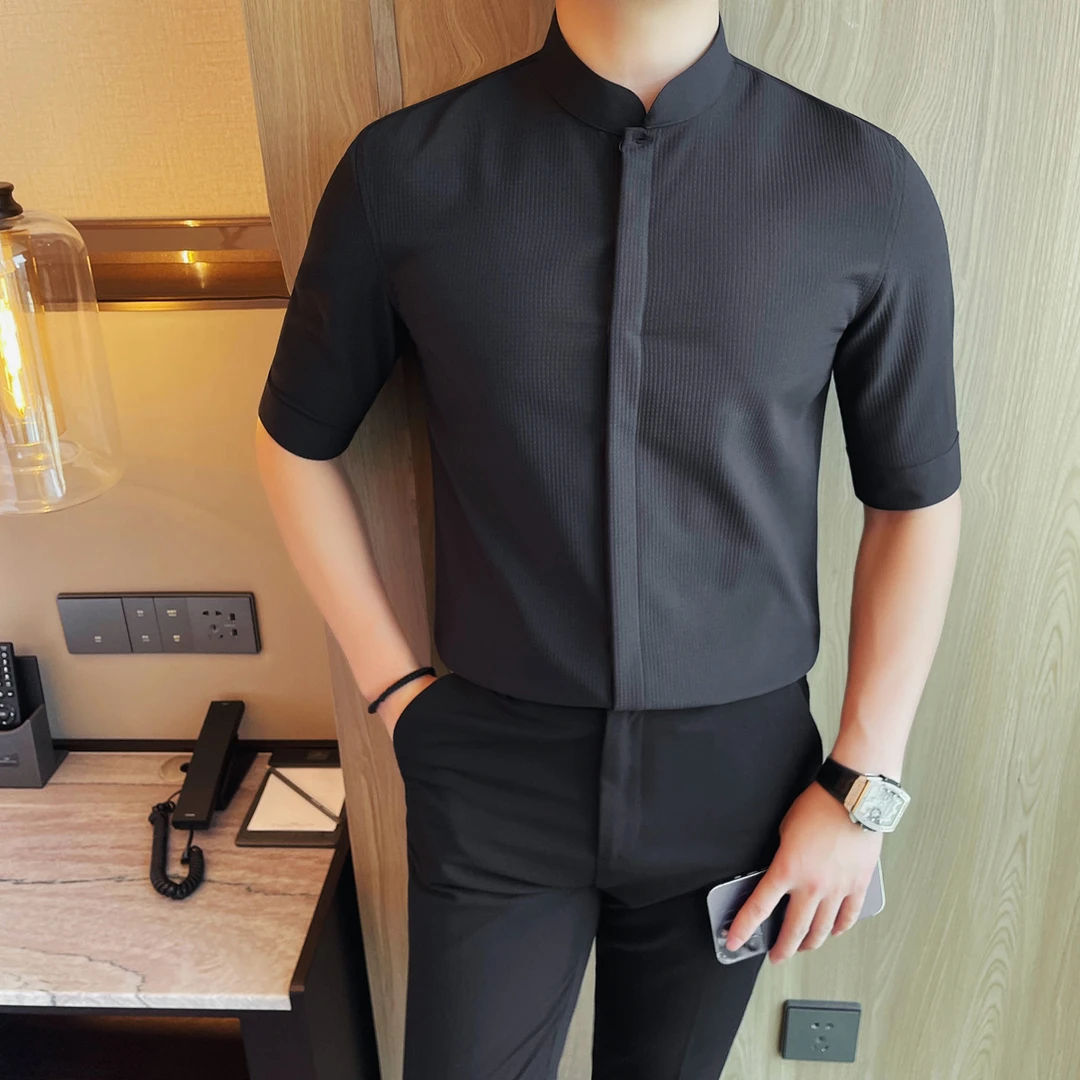新中式五分袖立领夏季男男中袖休闲衬衫衬衣男装薄款雅痞中袖休闲