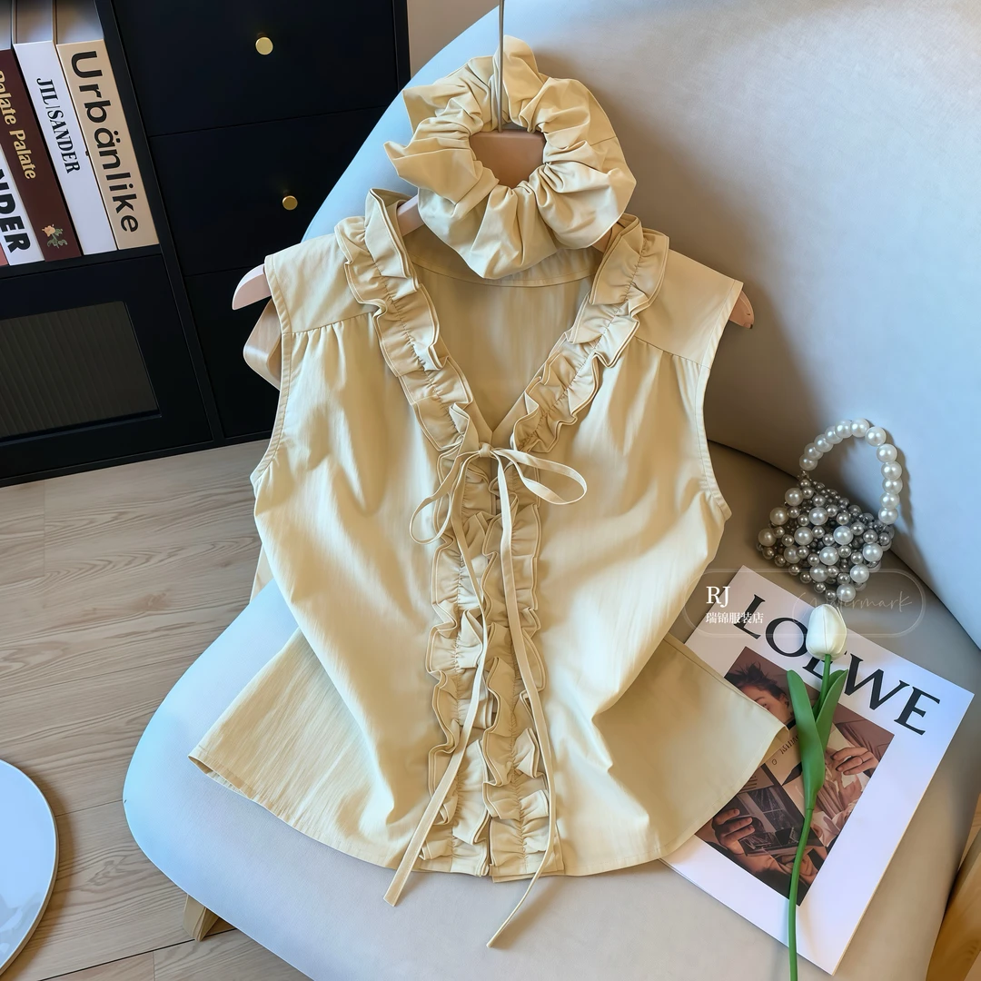 【RJ】木耳边减龄V领无袖衬衫夏季气质修身甜美可爱风格洋气衣服女