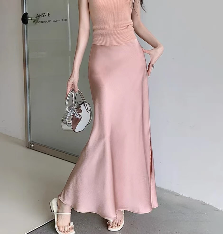 【开叉款】纯色缎面包边鱼尾裙半身裙女夏新款高级感丝滑垂顺显瘦