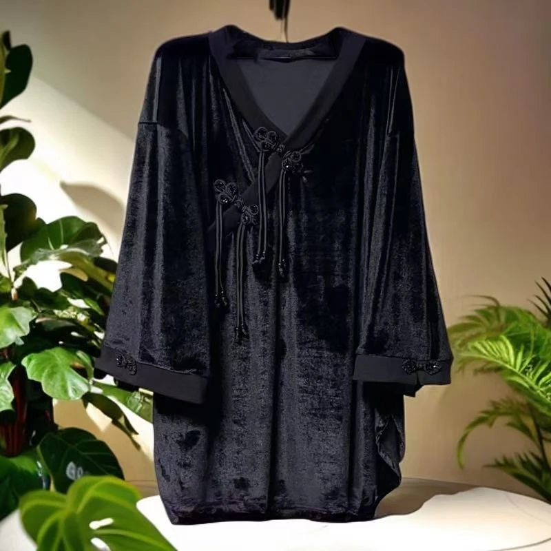 欧潮明娟大码早秋时尚中国风金丝绒上衣2572
