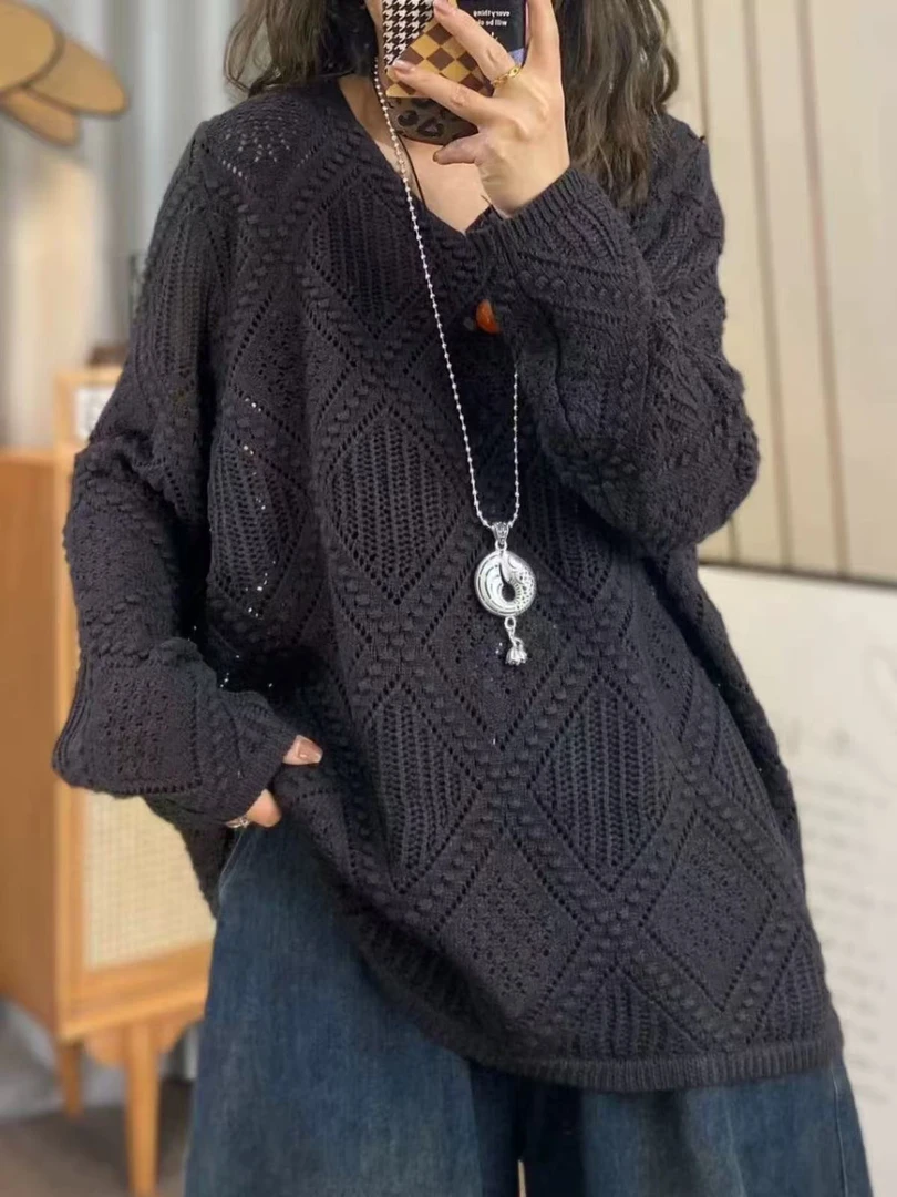 慵懒高级镂空针织衫女大板宽松毛衣V领