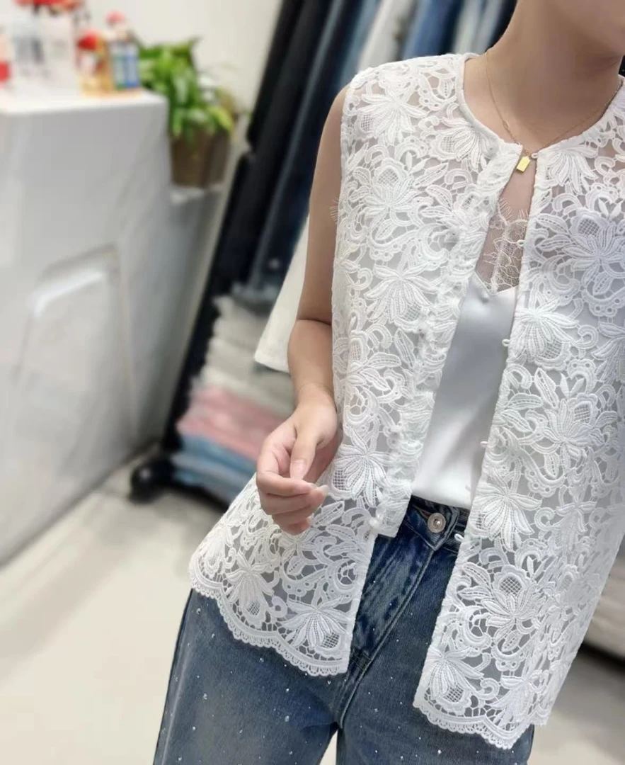 FF M胸100长60双层层次感复古镂空无袖高级感蕾丝马夹上衣 9973