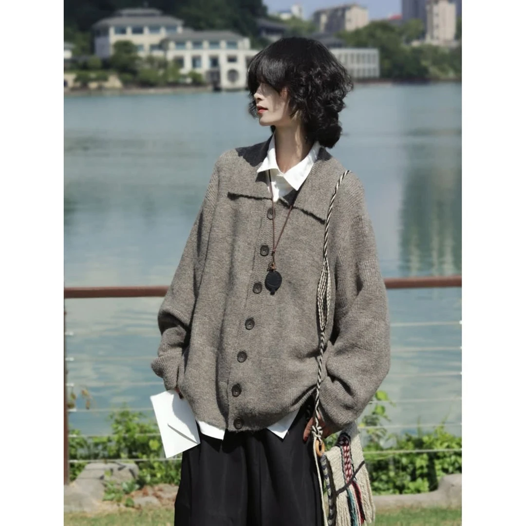 日系宽松慵懒风翻领开衫毛衣男女秋冬保暖休闲百搭针织衫外套潮