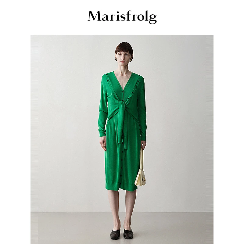 Marisfrolg/玛丝菲尔气质绿色法式修身设计感连衣裙A1CX3815M