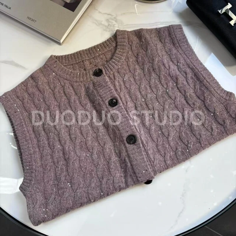 【多多还是多多】简约开襟圆领无袖羊绒毛衫2866