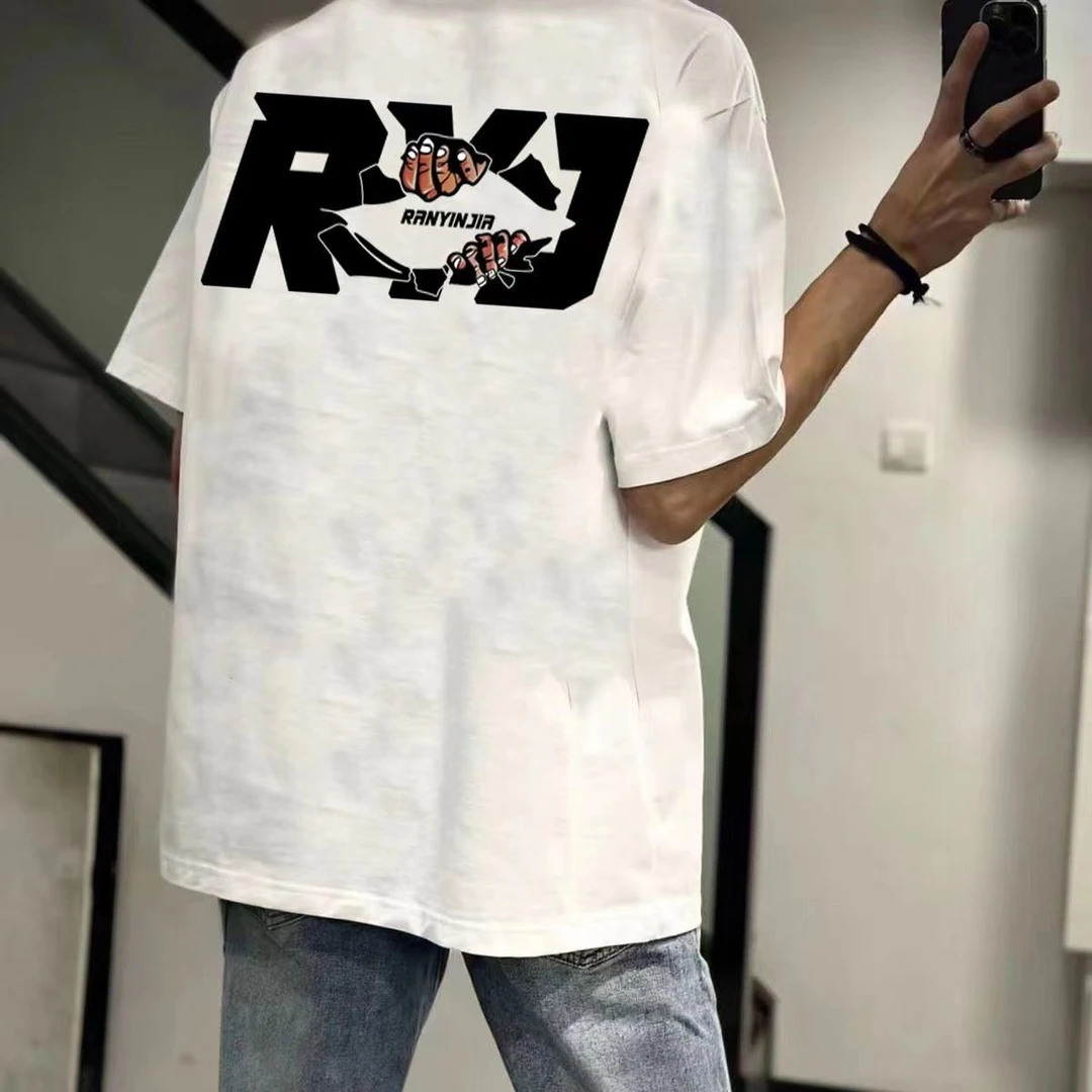 特大码300斤五分袖痞帅上衣小众印花短袖T恤男装夏季新款重磅纯棉