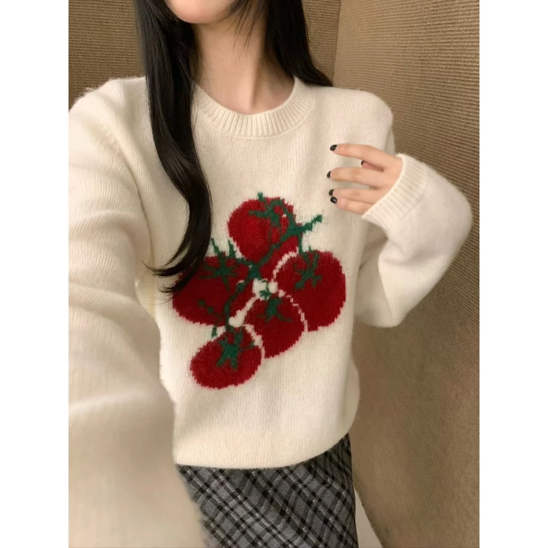 2025秋新款韩版圆领百搭套头毛衣西红柿提花保暖上衣好看针织衫女