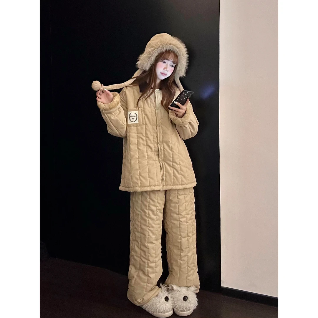 高级感穿搭三层夹棉睡衣女秋冬新款棉服加厚面包服保暖家居服套装