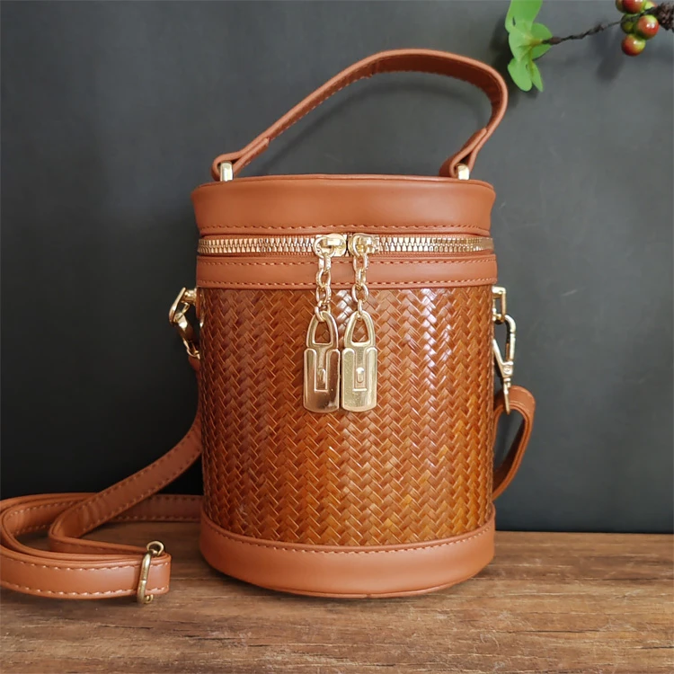 精编竹编水桶包女士手提包小号复古民族风竹子包