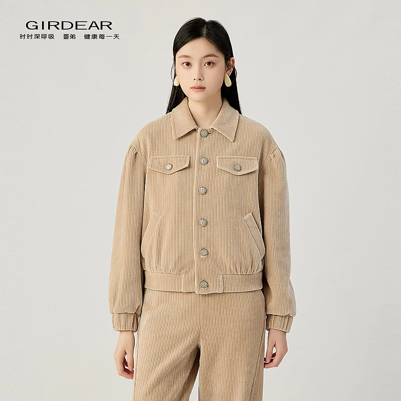 哥弟 秋冬新款时尚复古百搭翻领单排扣雪尼尔休闲夹克外套140085