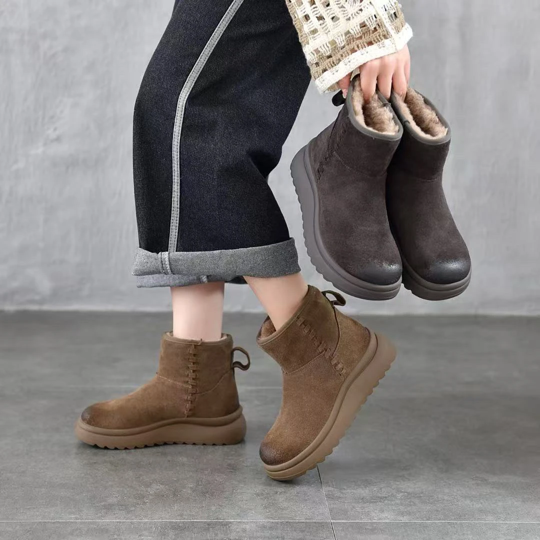 新款冬季加绒保暖新款纯色套脚中筒平跟舒适百搭复古女鞋