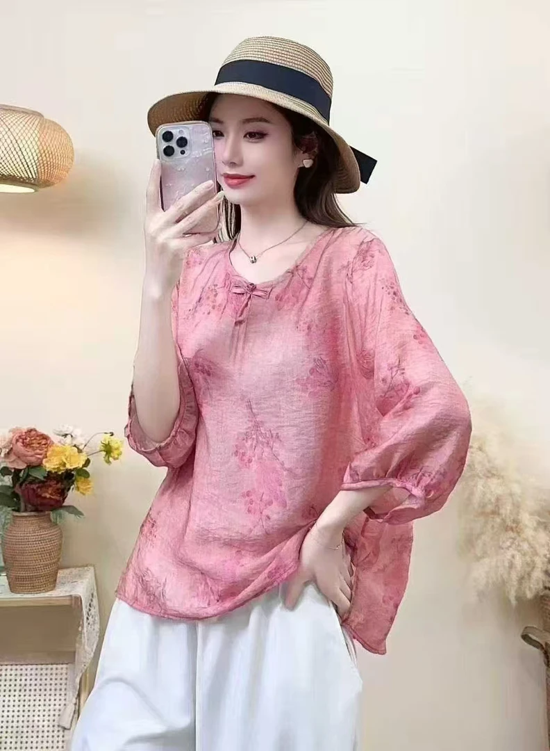 夏季新款苎麻碎花五分袖圆领套头印花宽松百搭复古衬衫薄款
