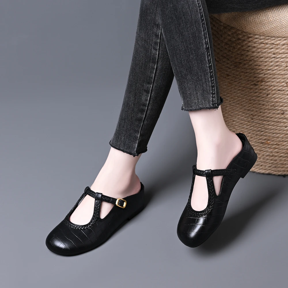 头层牛皮休闲风包头压花皮编织软底内增高夏季舒适圆头英伦风拖鞋