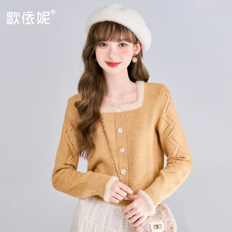 歌依妮秋冬新款女甜美方领百搭高级感加厚短款外穿针织衫毛衣上衣