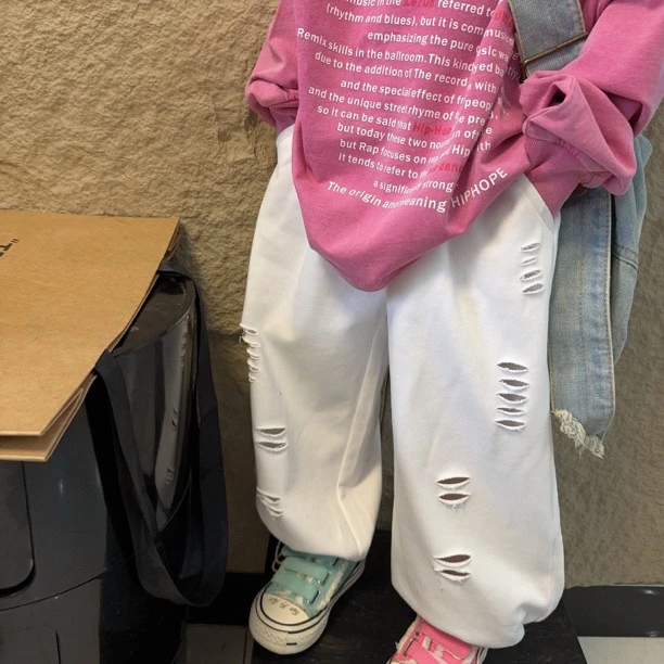 现货MZ.春款男女童宽松街舞毛圈休闲运动裤薄款破洞裤2009