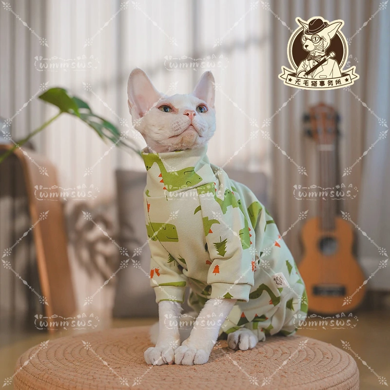 无毛猫事务所秋冬德文猫衣服纯棉加厚羊毛拉架印花长袖四脚包肚衣