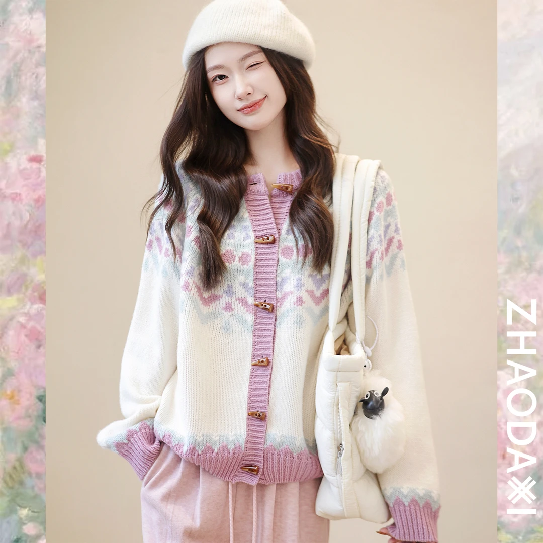 【赵大喜】甜豆开衫 | 100羊毛 软糯！费尔岛提花/牛角扣