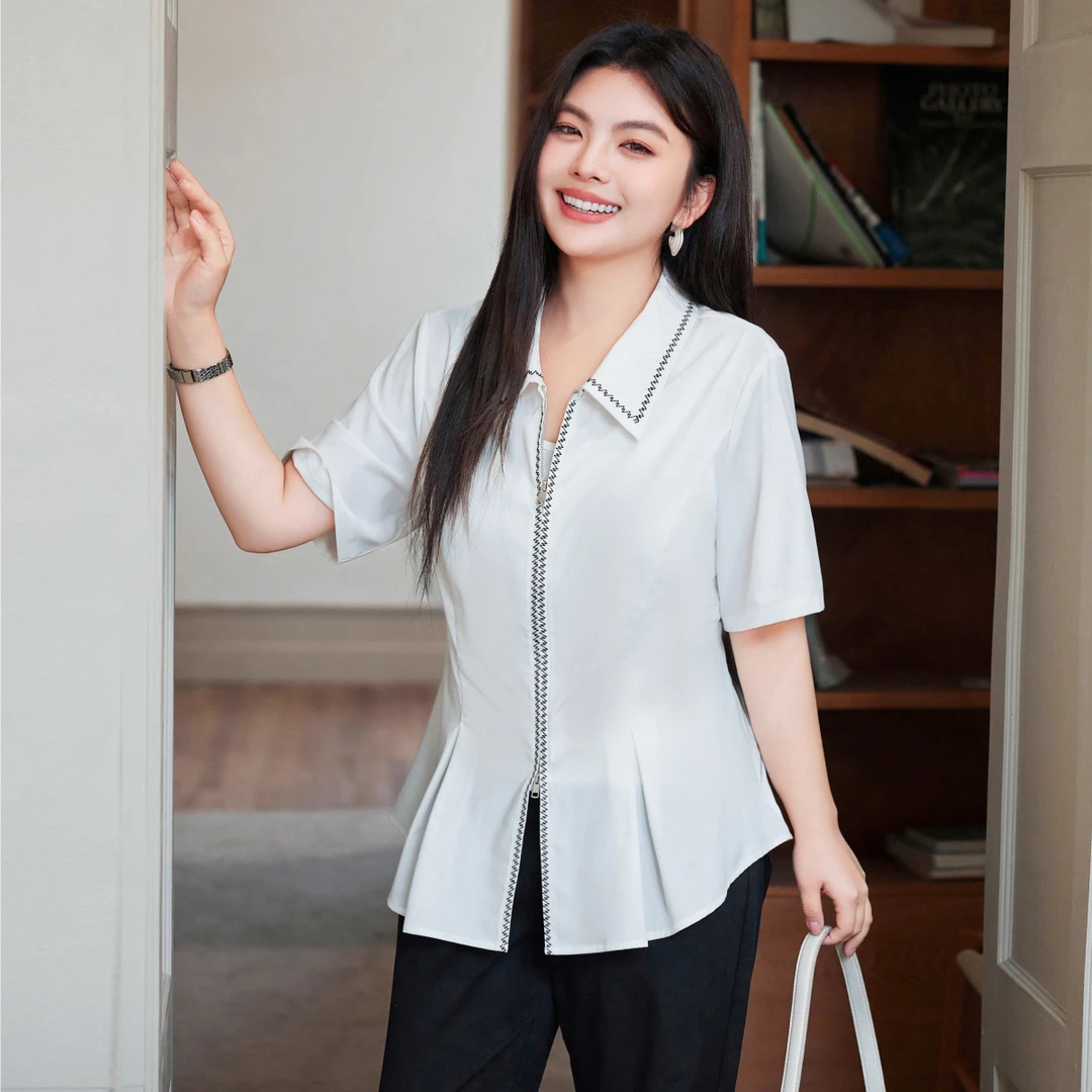 【撞色刺绣双拉链】MsShe大码女装夏装收褶显瘦短袖衬衫A2503030