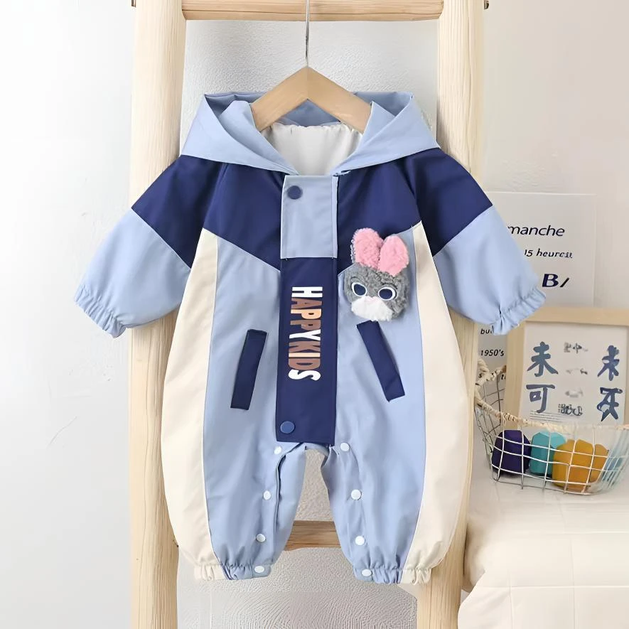 2025春秋双层快乐宝宝冲锋衣可爱兔卡通长爬爬服韩版幼儿连帽哈衣