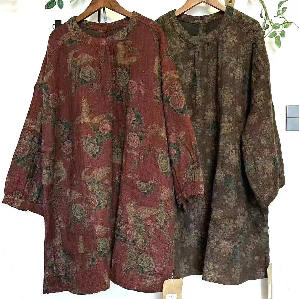 亚麻印花双层大口袋套头袍（衣长85胸围150）