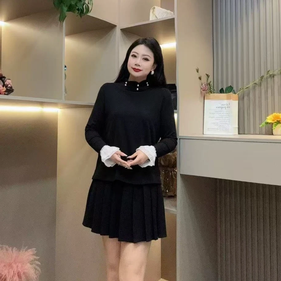 冬季加绒上衣-千 25936 时尚珠珠玲蕾丝袖减龄款胖MM大码女装新款