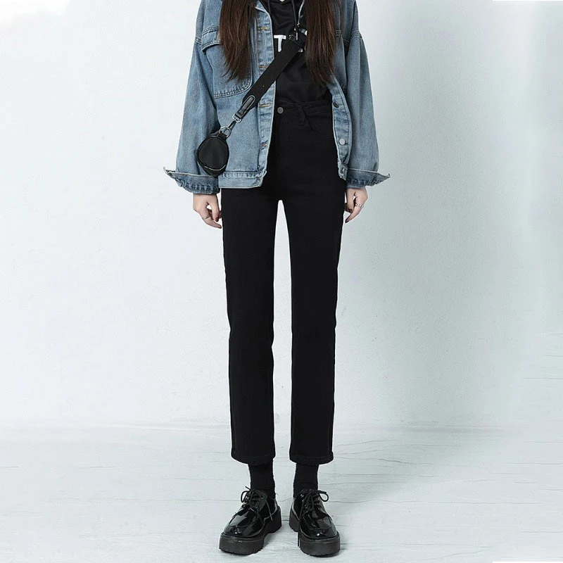 黑色直筒加绒牛仔裤女2025年冬季新款爆款九分小个子修身烟管裤女