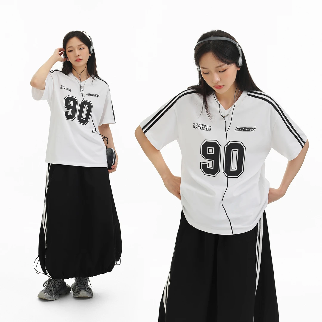 DESSUU 夏季新款32支双纱260克纯棉短袖女V领宽松显瘦印花T恤2025