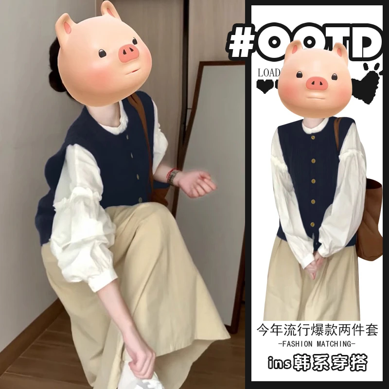 法式蓝色开衫马甲穿搭配一整套半身连衣裙子2025春秋新款女装长裙