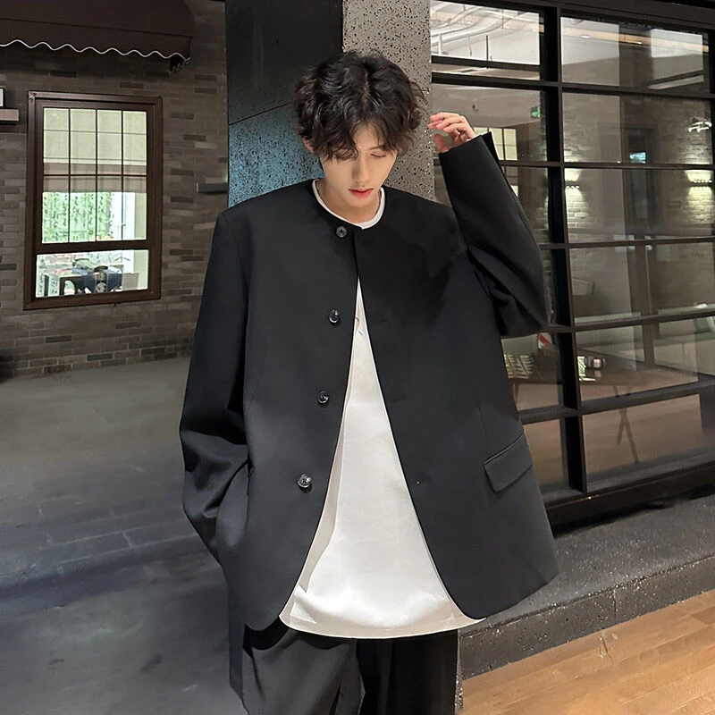 新中式无领西装外套男款春季中国风垫肩夹克高级感痞帅中山装西服