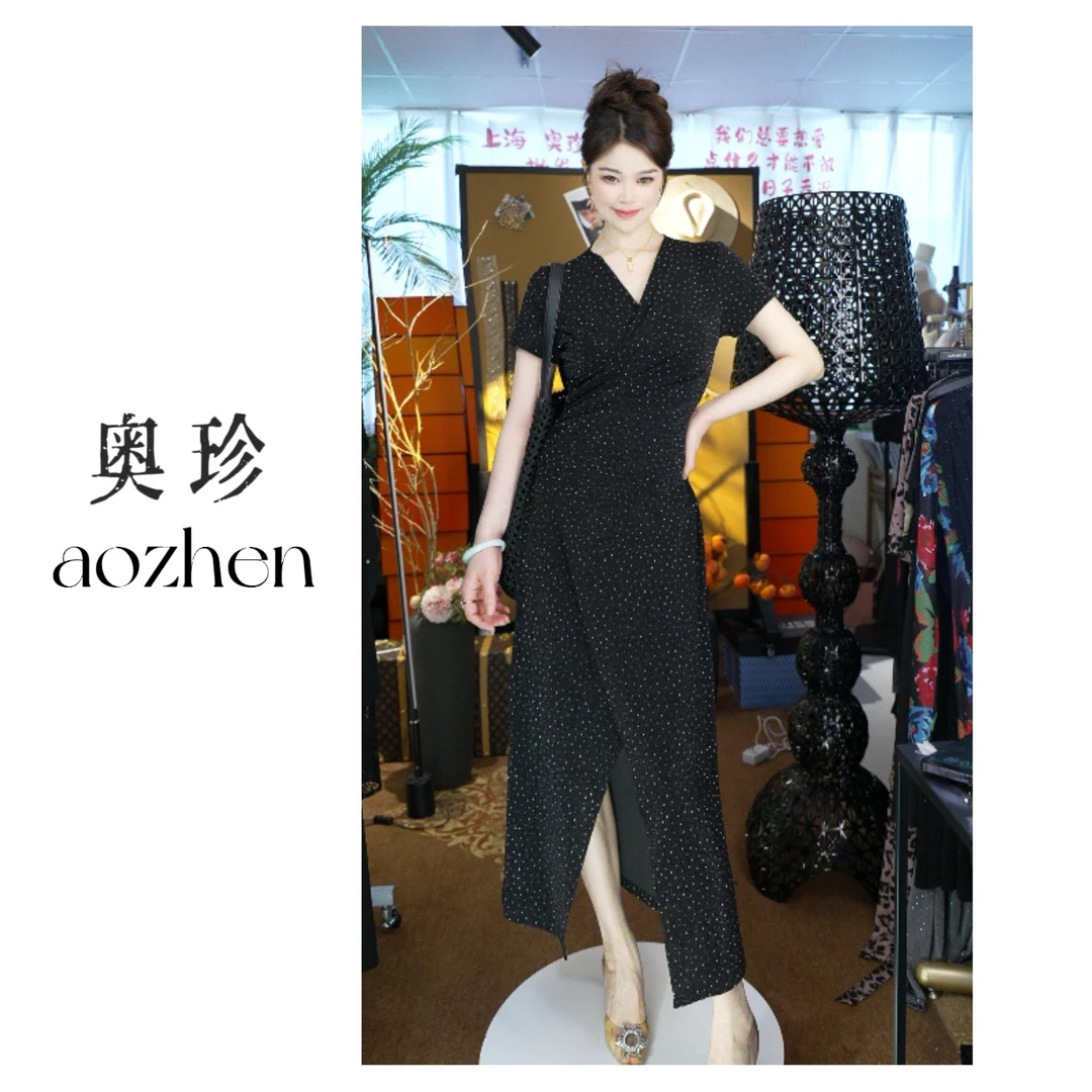 【波姬小丝烫钻裙】法式烫钻高级感御姐气质收腰v领连衣裙