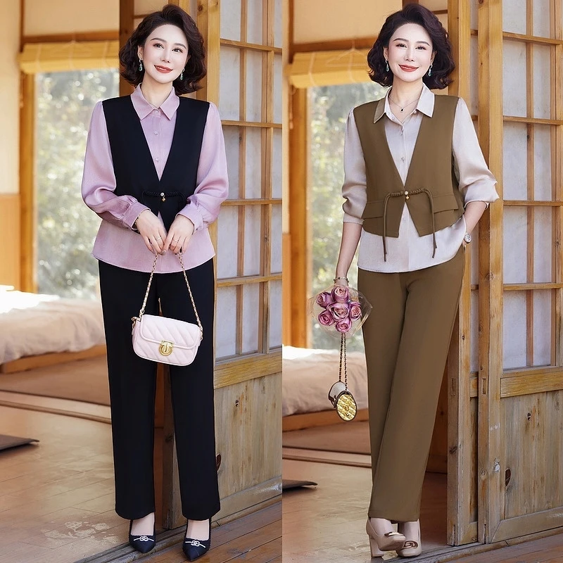 中年妈妈春装套装洋气两件套新款中老年女装春秋外套马甲衬衫上衣