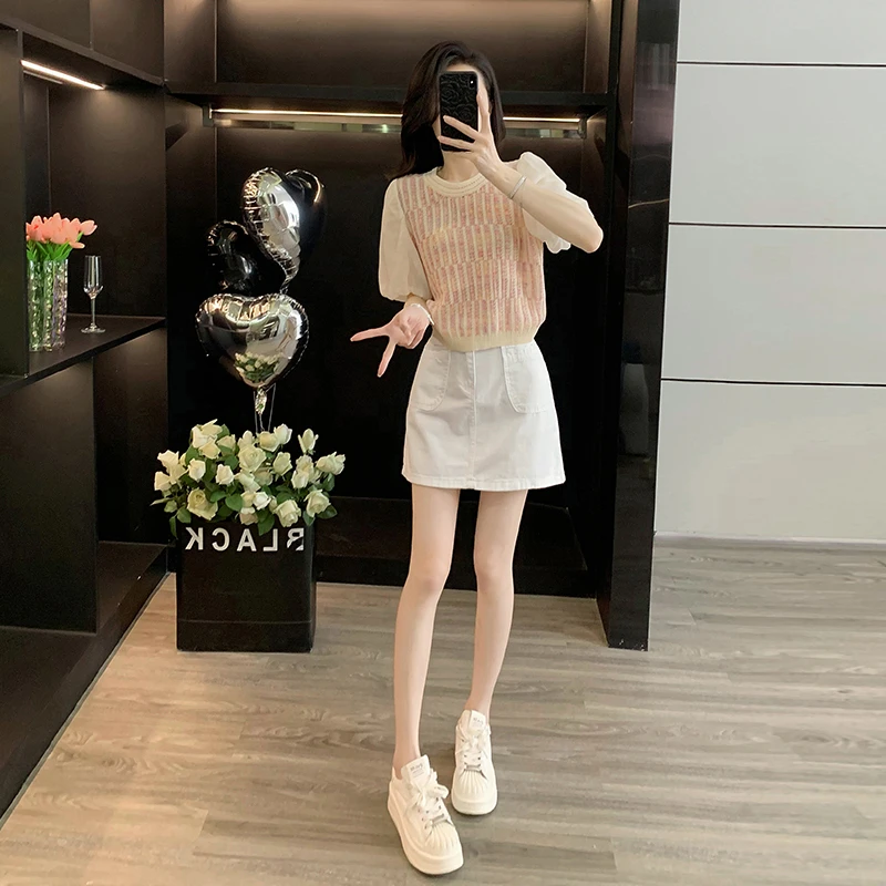 夏季轻熟穿搭一整套女装薄款洋气针织短袖上衣白色牛仔短裙两件套