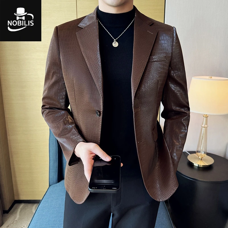 高级感修身皮西装男士鳄鱼纹皮夹克商务休闲英伦风小西服皮衣外套