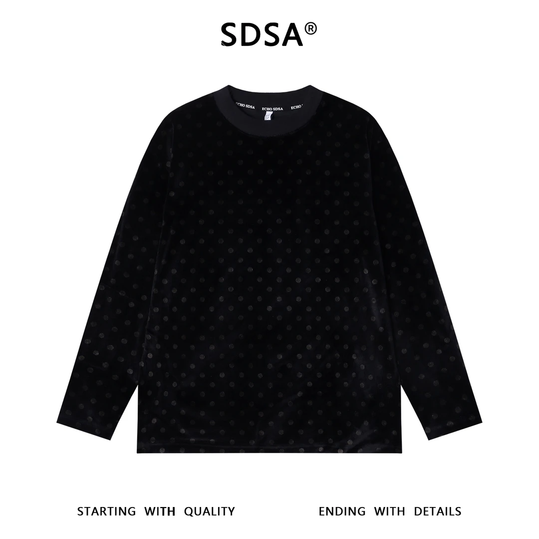 SDSA男士秋冬新款痞帅男装潮牌植绒满印波点圆领长袖T恤宽松时尚