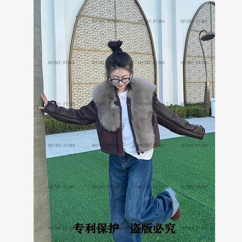 【MUMU·W】复古反绒美利奴羊皮毛一体女短款狐狸毛领皮草外套-581