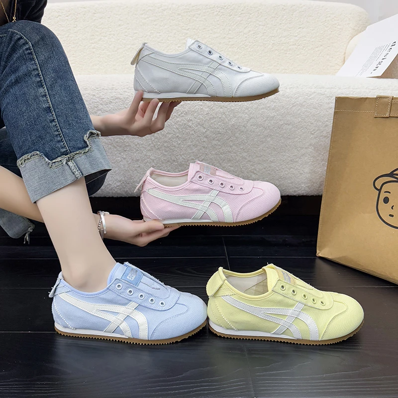 海外版免系带帆布鞋女懒人一脚蹬休闲软底小白鞋夏季透气