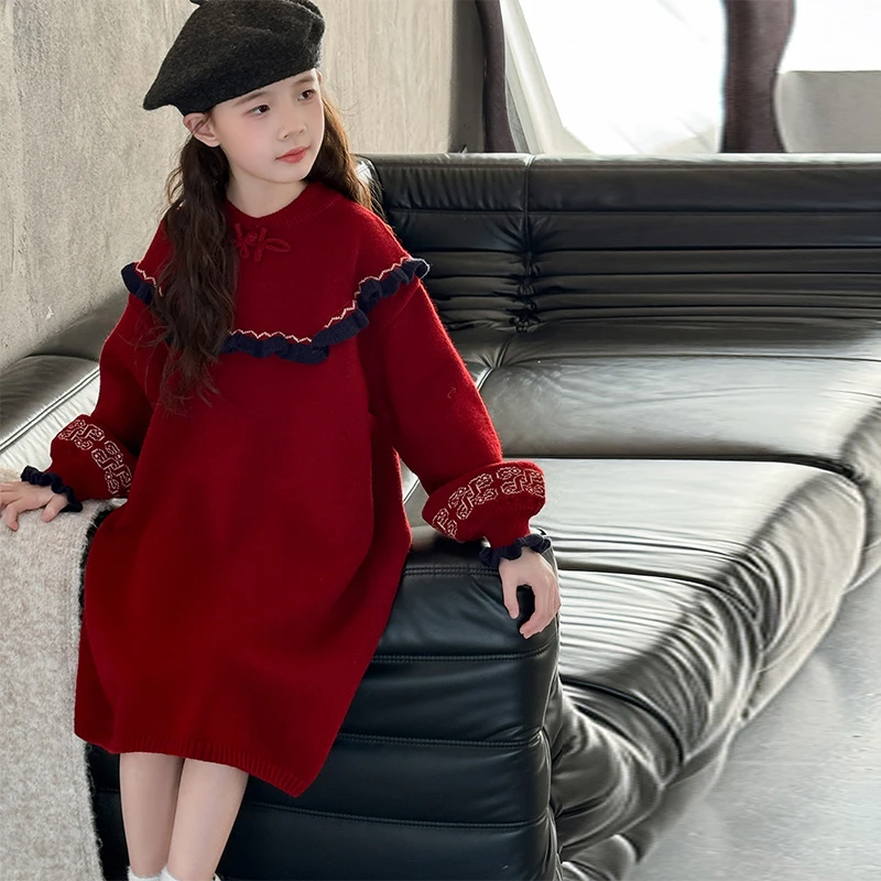 女童红色毛衣裙秋冬2025新款洋气大童加厚连衣裙本命年儿童拜年服