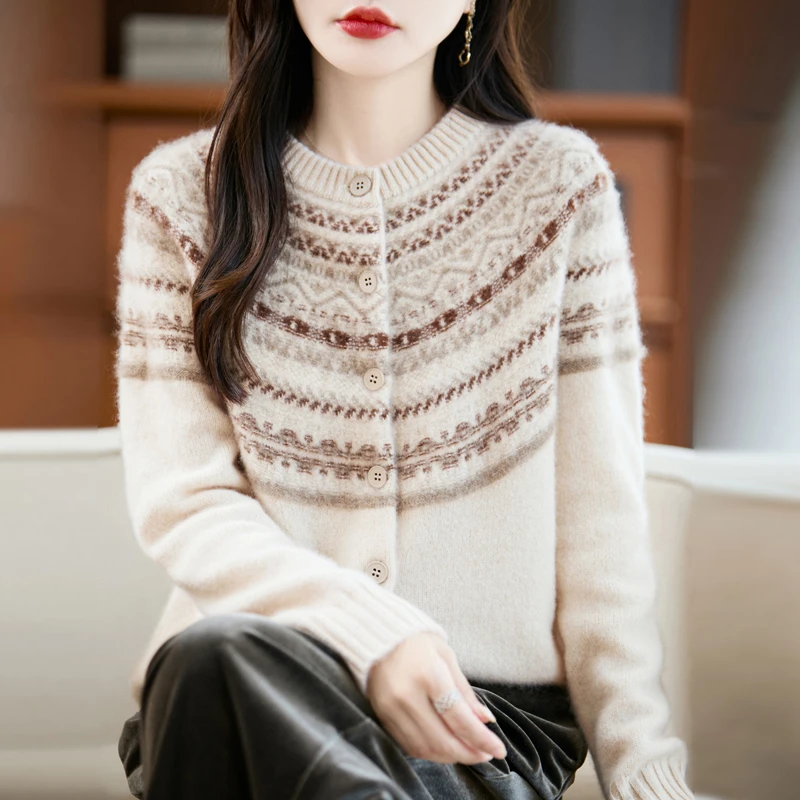 时髦灵魂真我~新款七针圆领加厚费尔岛开衫羊毛衫女毛衣