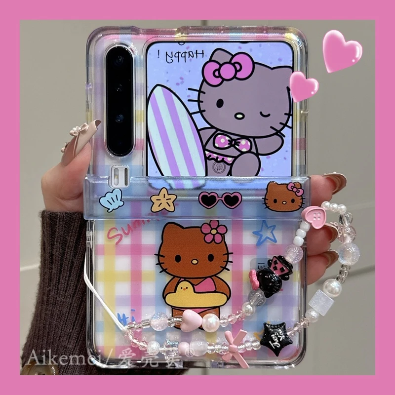 适用华为purax典藏版折叠屏手机壳pocket2彩色格纹可爱泳装kt猫女