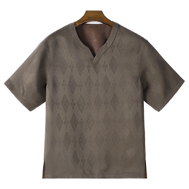 【看山看水】99529红云纱男装桑蚕丝提花缎V领短袖中式复古上衣