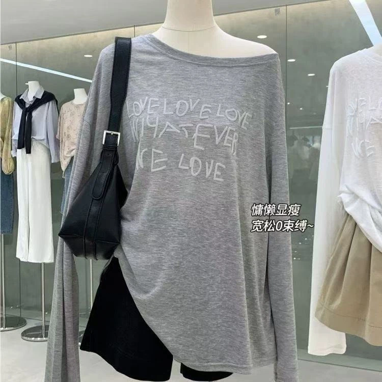 慵懒风字母斜领常规长袖印花T恤ins休闲开叉内搭【E区】5634 E09-1