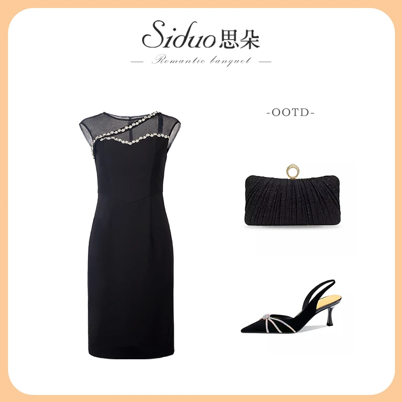 Y24322礼服女夏季无袖时尚钉珠法式气质名媛性感显瘦小开叉连衣裙