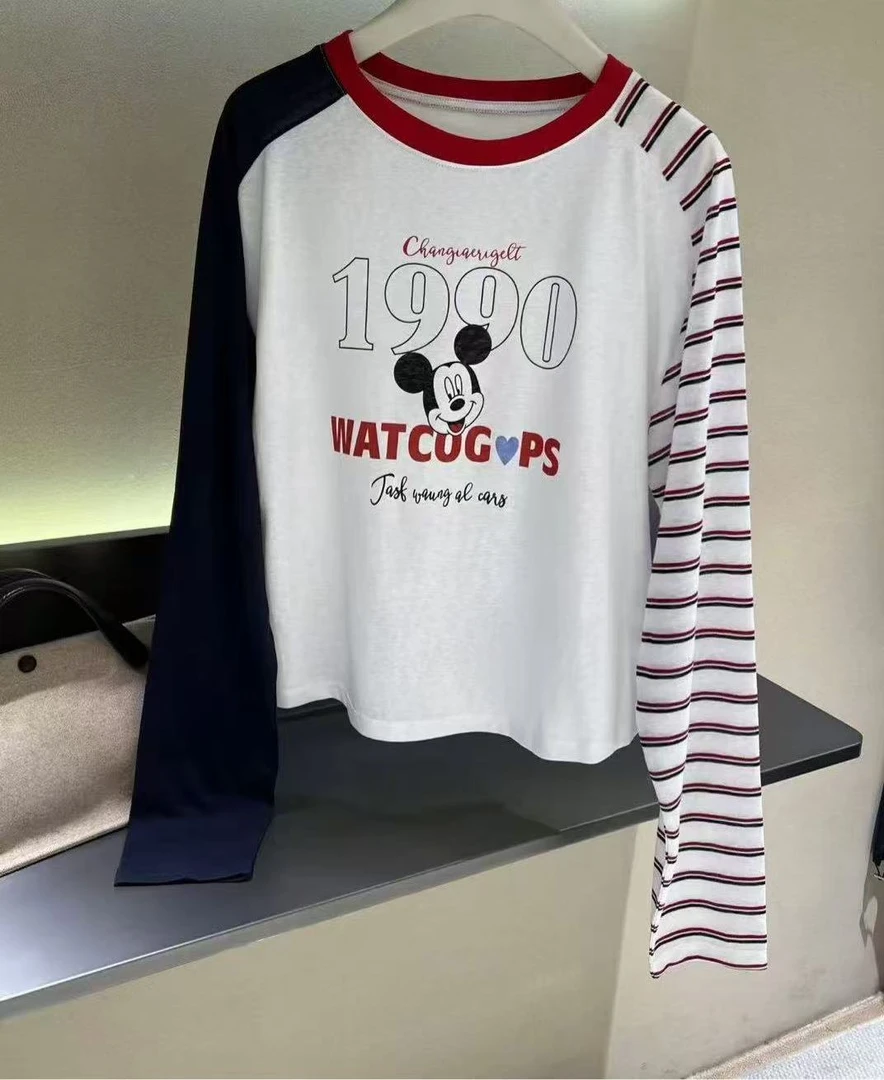 深圳南油高货原创ZZ黑色AB袖条纹撞色领长袖米奇常规版型宽松T恤