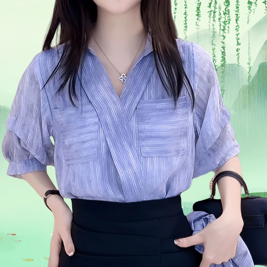 【清最后300件】法式五分袖V领衬衫女2025夏季防晒衬衣设计宽松显瘦