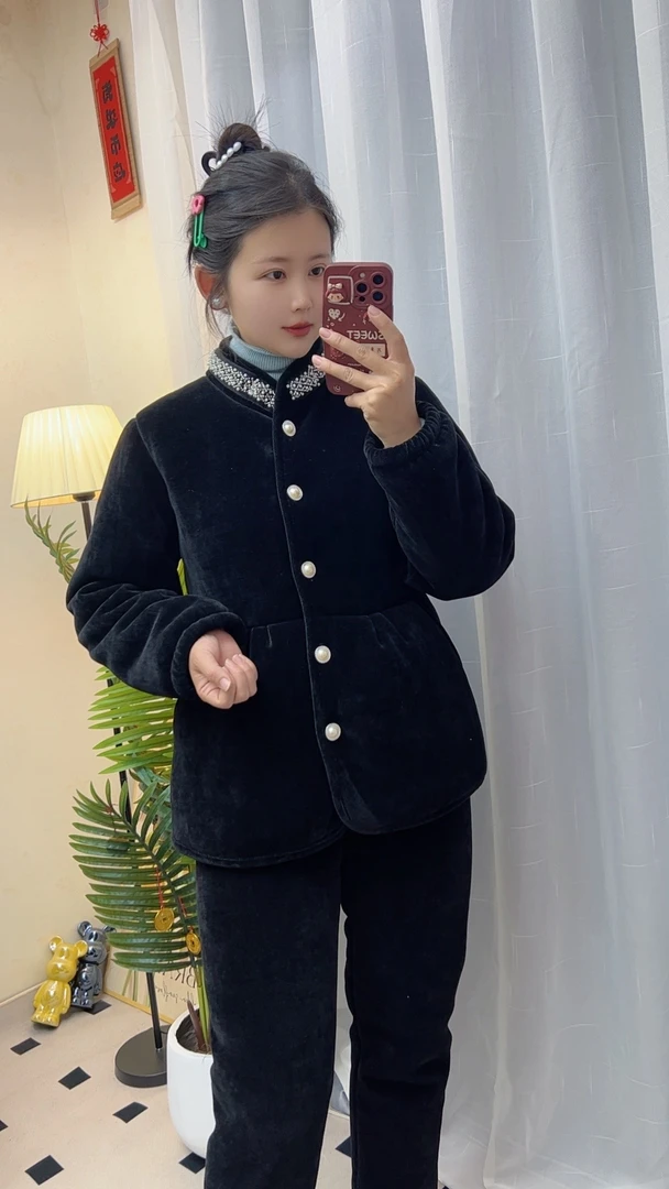升级版黑金绒雪尼尔面料珍珠领套装家居服可外穿带棉裤