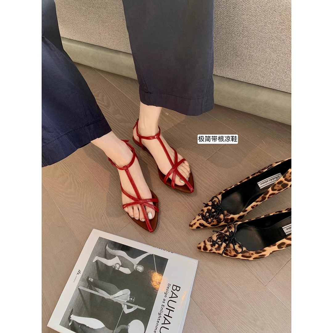 鞋子女ins潮牌百搭时尚版绑带尖优雅露细带~羊皮凉鞋法式现货同款