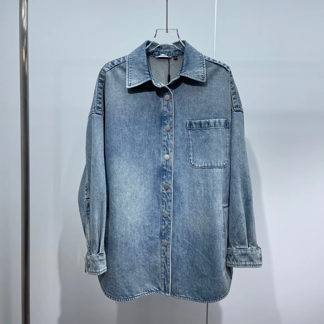 艾家商场同款春季蓝色秋季潮流春款宽松外套时尚牛仔衬衫1060