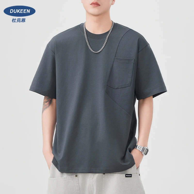 杜克恩重磅口袋T恤男短袖夏季美式小众设计拼接撞色圆领体恤潮流