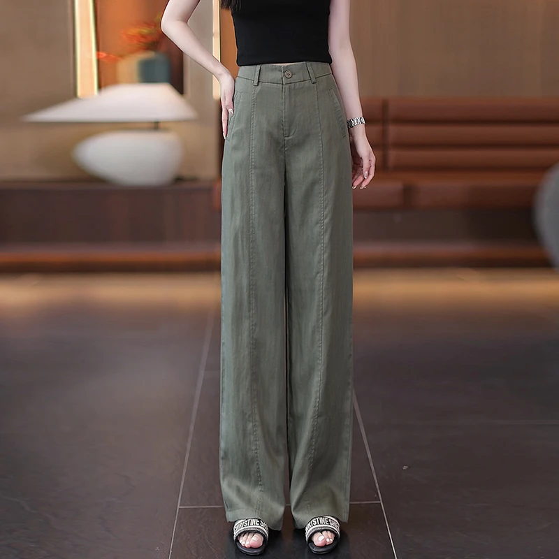 玫红色天丝亚麻阔腿裤垂感高腰显瘦女薄款2025夏季新款休闲直筒裤